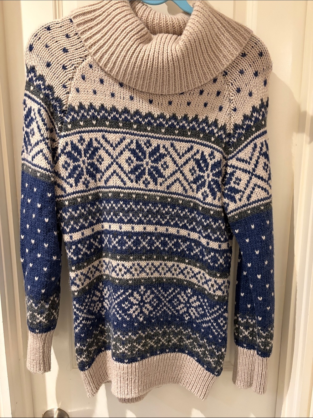 Cozy Fair Isle Cowl-Neck Sweater - Blue and Cream